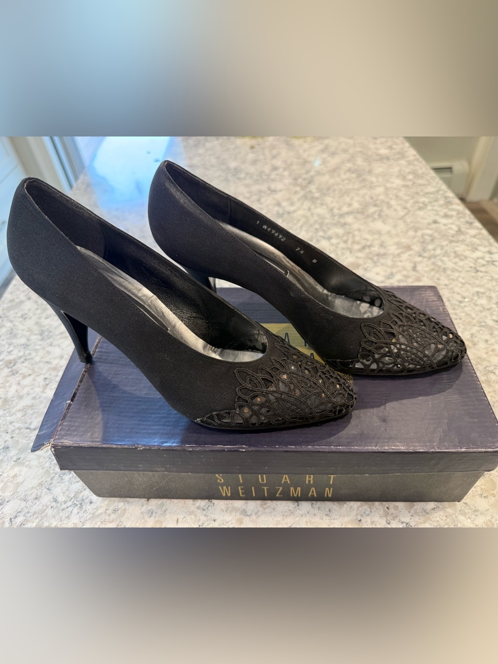 Vintage Stuart Weitzman Black Lace Pumps Heels 7.5 B Made Spain w/ Original Box